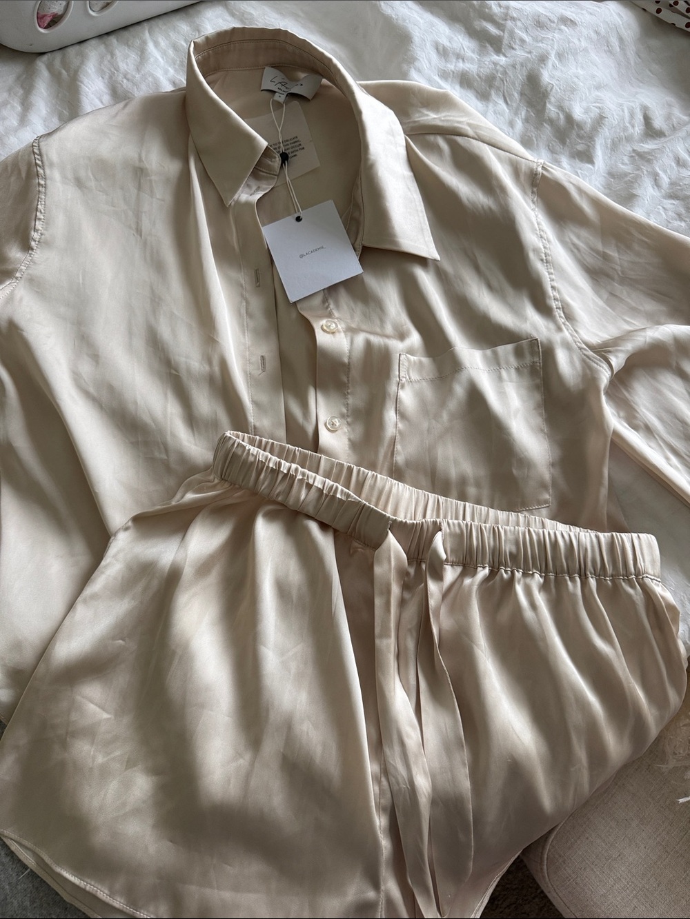 L'Academie Cream Elastic-Waist Satin Track Pants